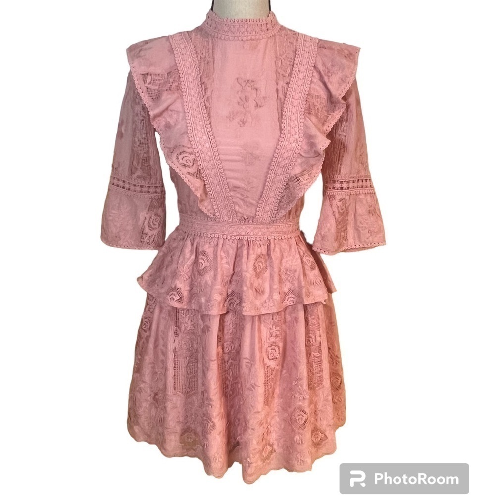 New Adelyn Rae Blush Embroidered Mock Neck Ruffle Mini Dress Sz-XS